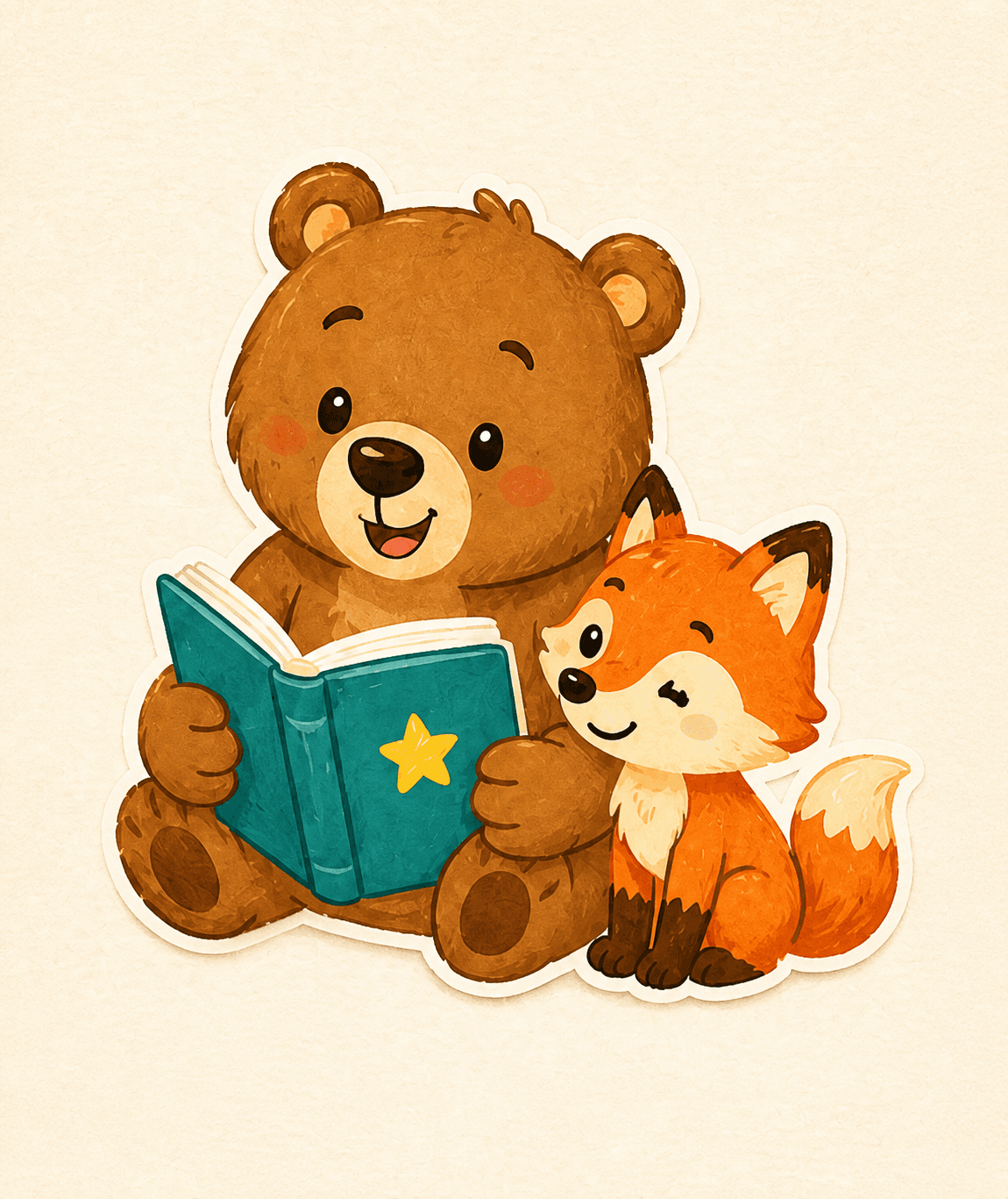 Un oso y un zorro leyendo juntos